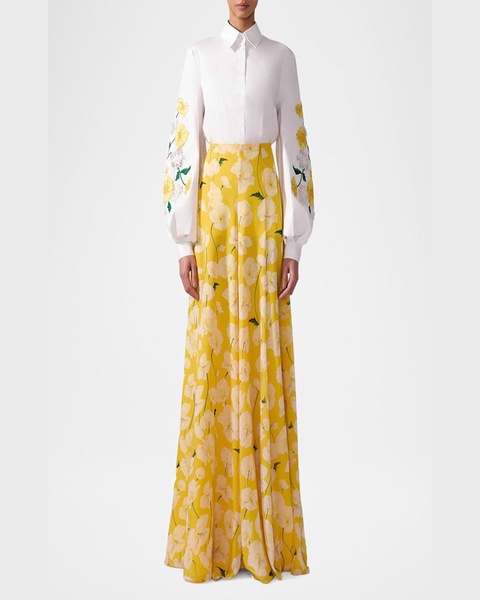 Flower Embroidered Puff-Sleeve Button-Down Shirt