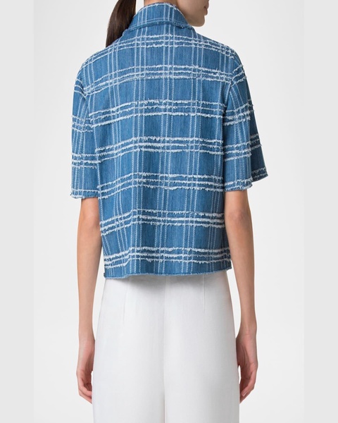 Fringed Check Denim Short-Sleeve Shirt Jacket
