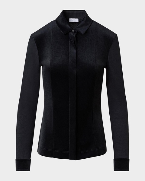 Mixed-Media Velvet Long-Sleeve Blouse