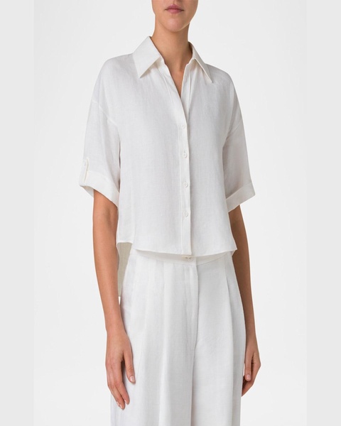Short-Sleeve High-Low Button-Down Blouse