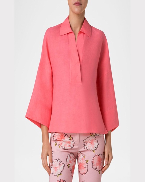 Kimono-Sleeve Linen Collared Blouse