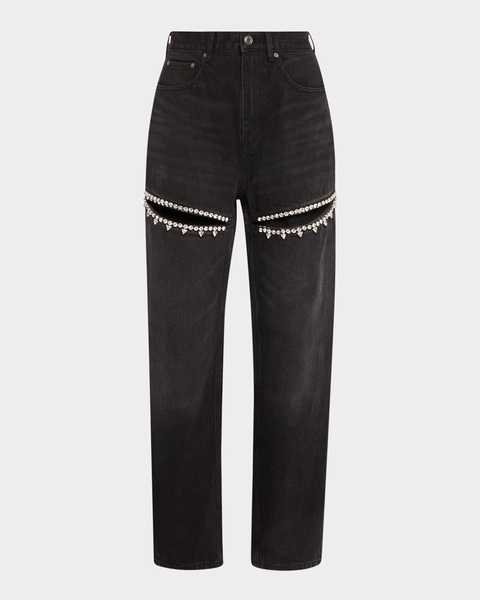 Crystal Cutout Slit Straight Leg Jeans