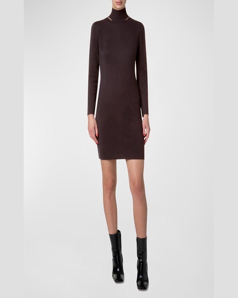 Mock-Neck Slits Long-Sleeve Knit Mini Dress