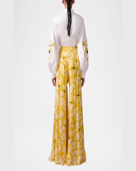 Flower Embroidered Puff-Sleeve Button-Down Shirt