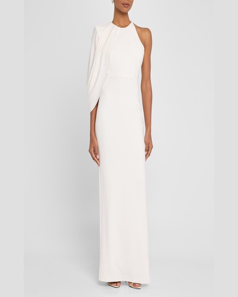 Asymmetric Cape-Sleeve Crepe Column Gown