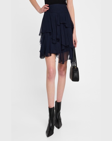 Asymmetric Tiered Silk Ruffle Mini Skirt