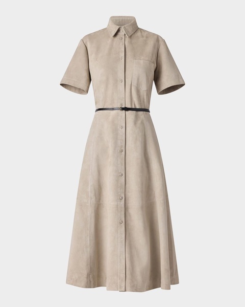 Kiera Suede Fit-Flare Belted Midi Dress