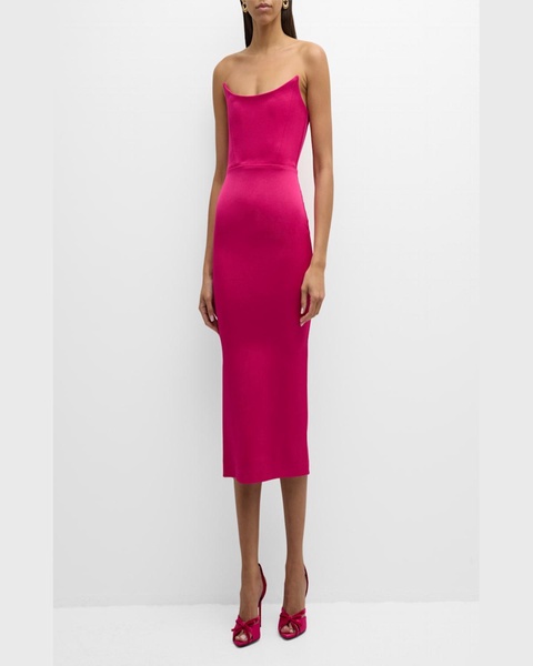 Satin Crepe Curved Strapless Midi Dress