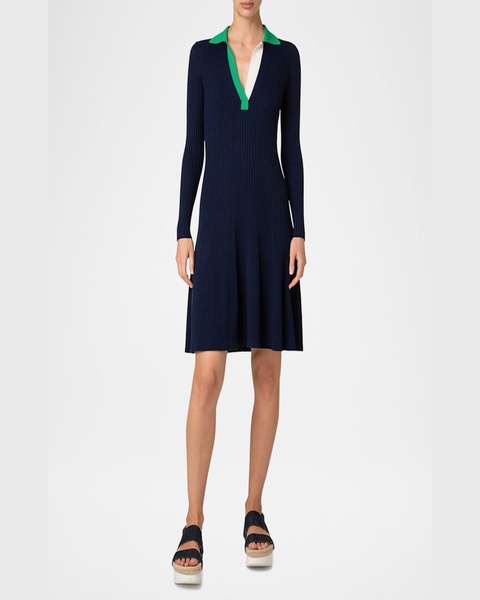 Colorblock Polo Knit A-Line Dress