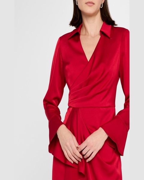 Draped Faux-Wrap Crepe Back Satin Dress