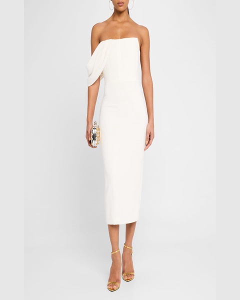 Draped-Sleeve Corset Crepe Midi Dress
