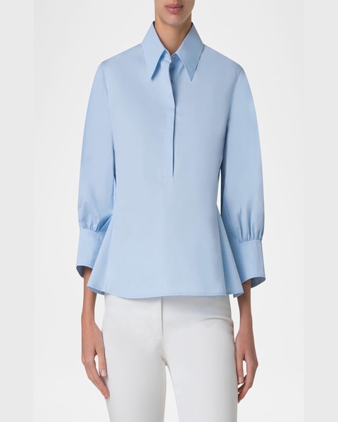 Balloon-Sleeve Button-Front Heavy Cotton Poplin Blouse