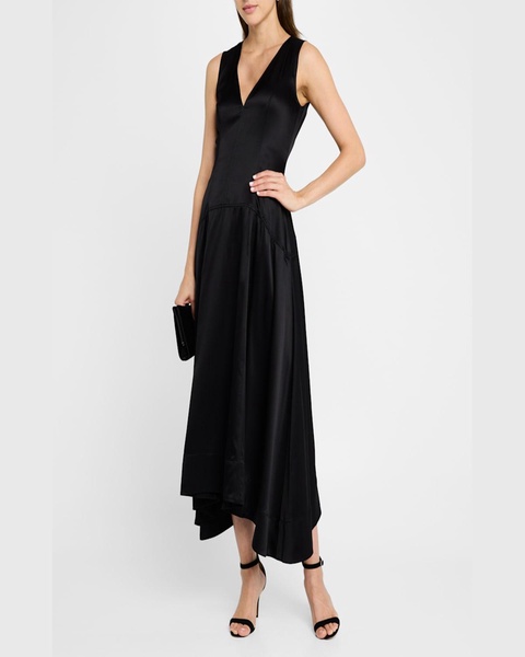 V-Neck Drop-Waist Silk Charmeuse Midi Dress