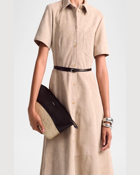 Kiera Suede Fit-Flare Belted Midi Dress