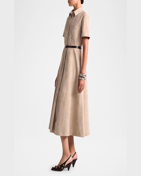Kiera Suede Fit-Flare Belted Midi Dress
