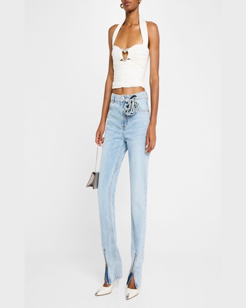 Flower Corsage Zip-Hem Skinny-Leg Jeans