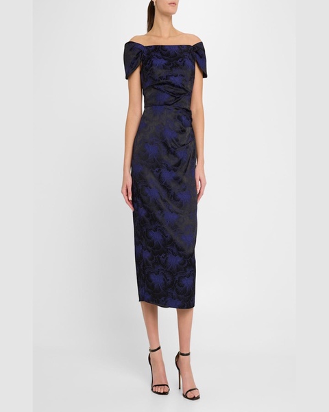 Off-Shoulder Floral Jacquard Midi Dress