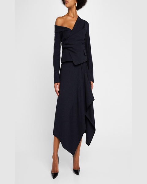 Draped Navy Midi Skirt