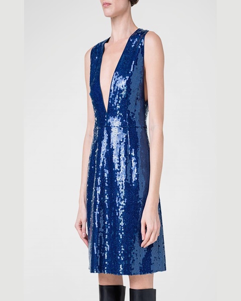 V-Neck Short Dress with Liquid Paillette Detail