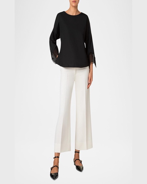 Waved Lace Cuffs Cotton Poplin Blouse