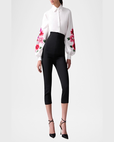 Floral-Embroidered Puff-Sleeve Button-Down Shirt