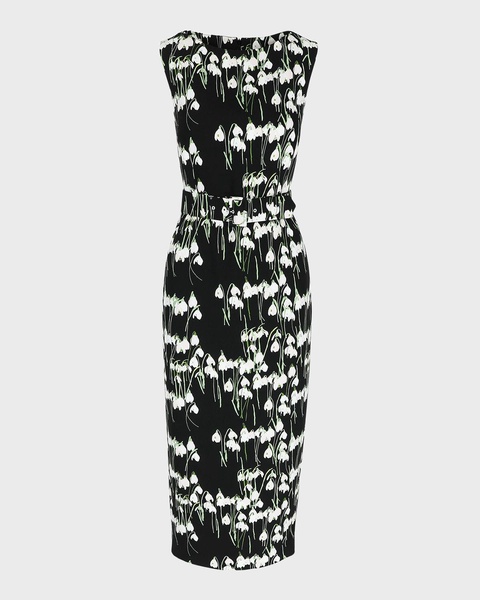 Flower-Print Boat-Neck Belted Midi Dress