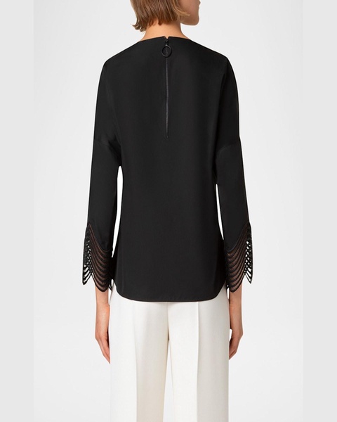 Waved Lace Cuffs Cotton Poplin Blouse