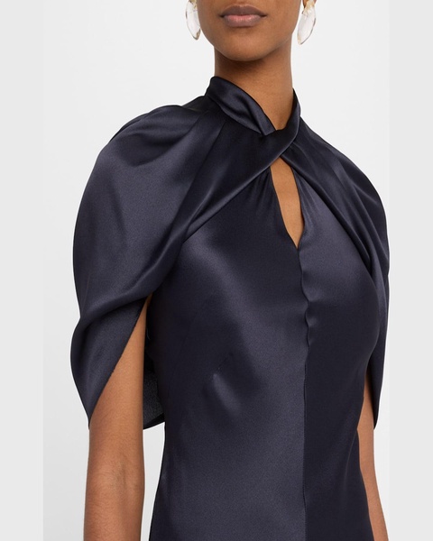 Twisted Cape-Sleeve Open-Back Satin Gown