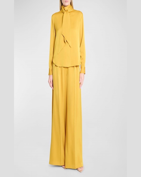 Bow Neck-Scarf Satin Crepe Shirt