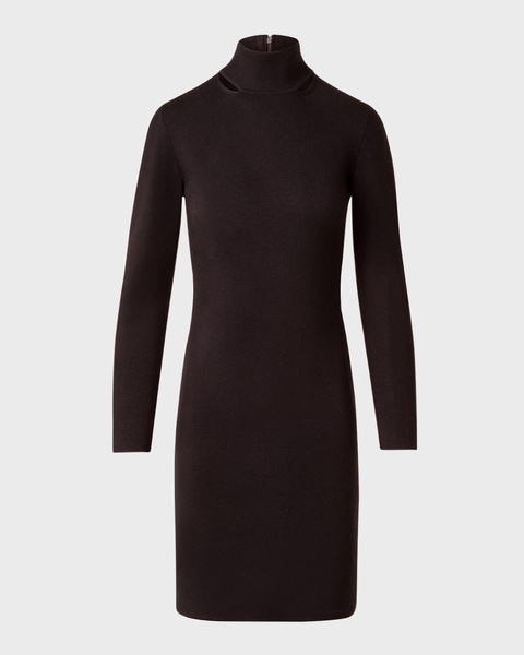 Mock-Neck Slits Long-Sleeve Knit Mini Dress