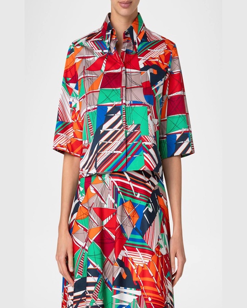 Sea Clipper Print Boxy Cotton Satin Blouse