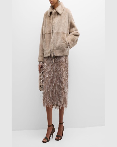 Shearling Velour Shirt Jacket With Monili Trim