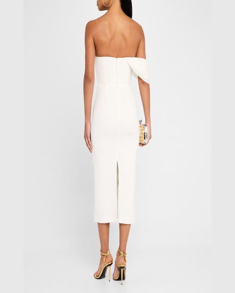 Draped-Sleeve Corset Crepe Midi Dress