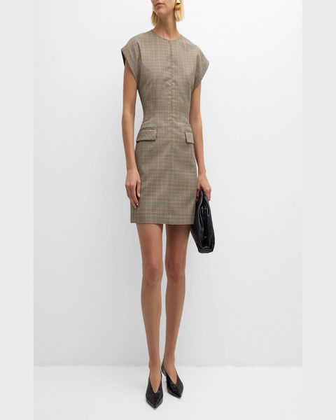 Cap-Sleeve Plaid Houndstooth Mini Dress