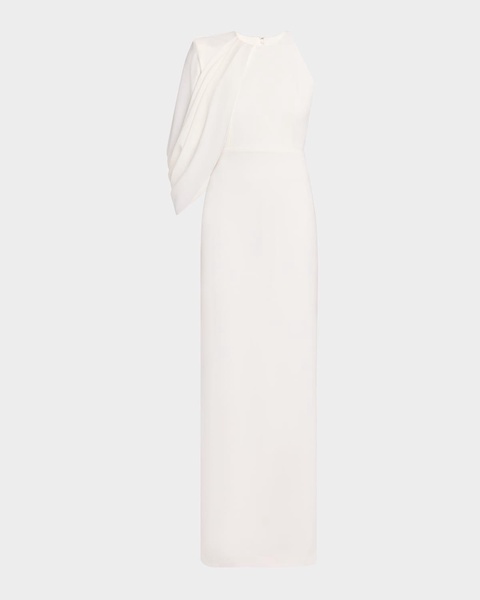 Asymmetric Cape-Sleeve Crepe Column Gown