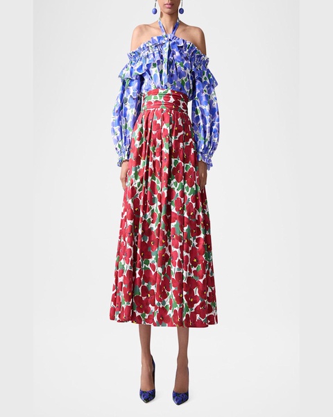 Poppy-Print Halter Off-The-Shoulder Top