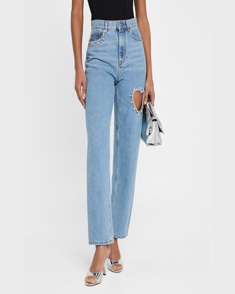 Crystal Heart Cutout Straight-Leg Ankle Jeans