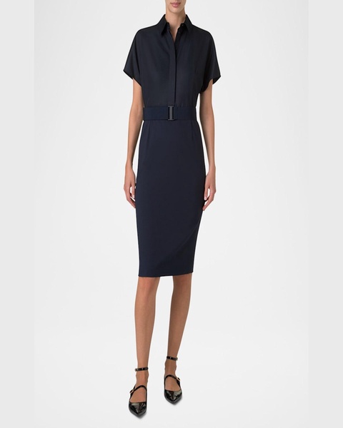 Mixed-Media Belted Cap-Sleeve Shirtdress
