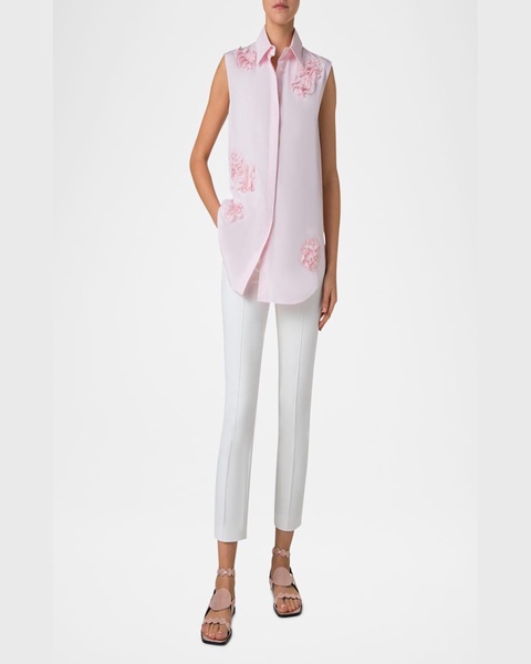 3D Carnation Applique Sleeveless Button-Down Blouse