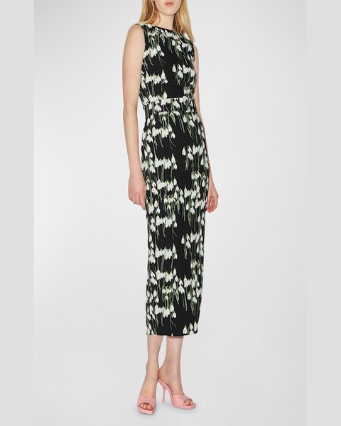 Flower-Print Boat-Neck Belted Midi Dress