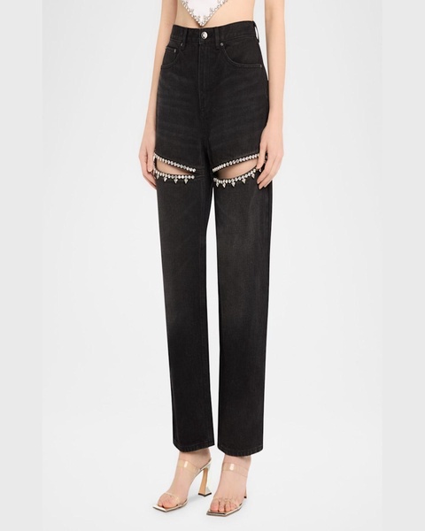 Crystal Cutout Slit Straight Leg Jeans