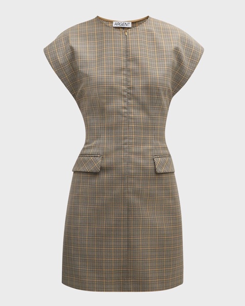 Cap-Sleeve Plaid Houndstooth Mini Dress