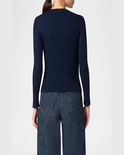 Ribbed Wool Cardigan with Contrast Piping