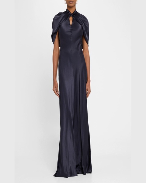 Twisted Cape-Sleeve Open-Back Satin Gown