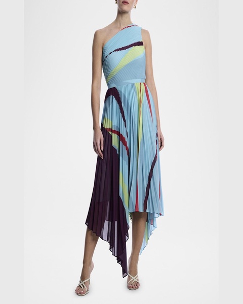 One-Shoulder Abstract-Print Pleated Midi Dress