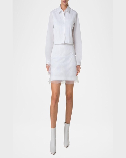 Pleated Cotton Voile Crop Button-Down Blouse