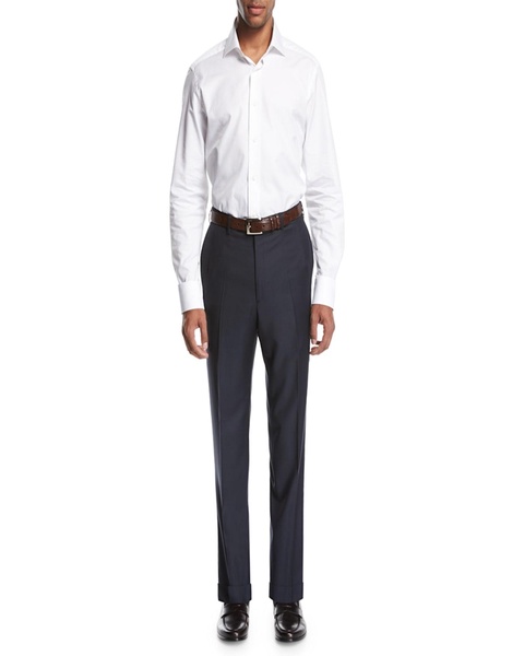 Wool Flat-Front Trousers, Navy