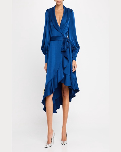 High-Low Crepe Back Satin Midi Wrap Dress