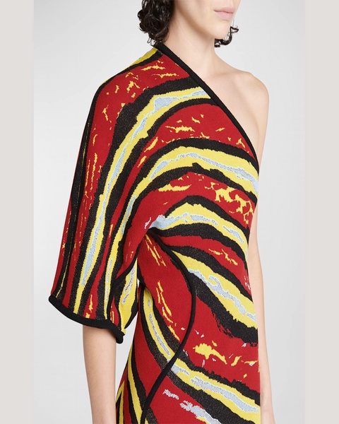 One-Shoulder Short-Sleeve Shells Jacquard Maxi Gown