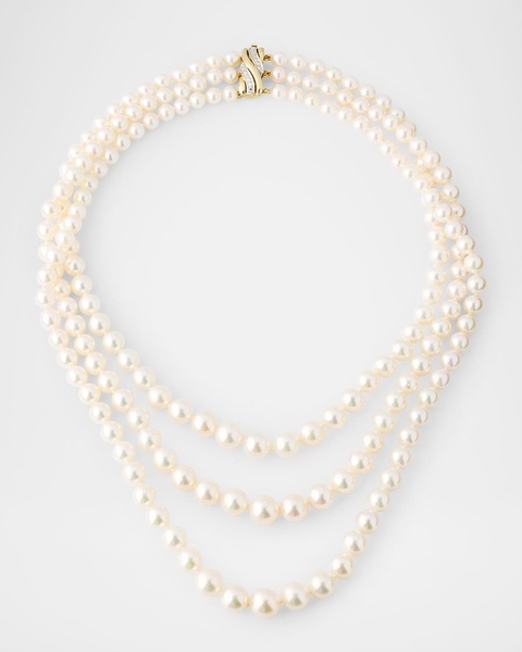 14K Yellow Gold 3-Row Graduated Akoya Pearl Necklace, 19.5"L